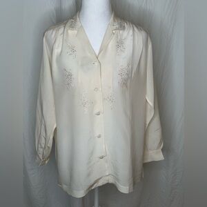 PEONY vintage 70s Cream Chinese SILK BLOUSE stunning Hand Embroidered